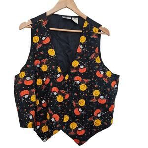 Vintage Halloween Cat Vest Womens 18W Black Pumpkins Moon 90s Whimsygoth Kittens